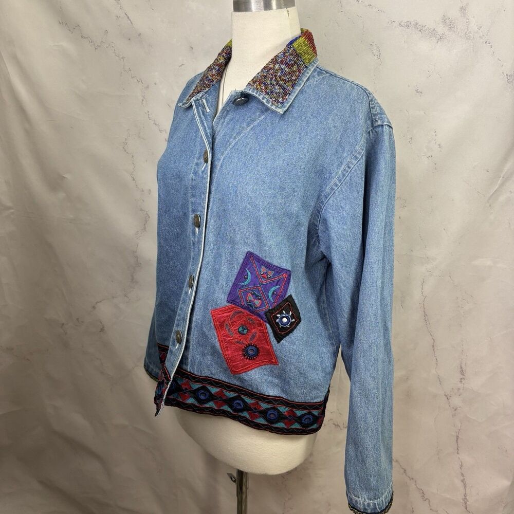 Vintage 90s Patchwork Denim Jacket M Beaded Collar Southwestern Concho Artsy L - Picture 13 of 16